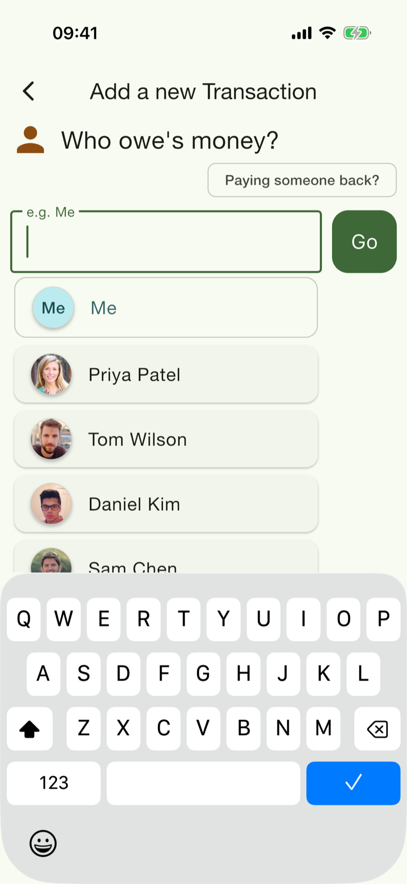 PayMeLater “Who owes money?” friend picker with a searchable list of contacts
