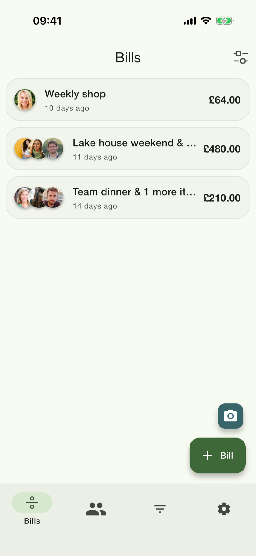 PayMeLater bills list — weekly shop, lake house weekend and team dinner, each with group avatars