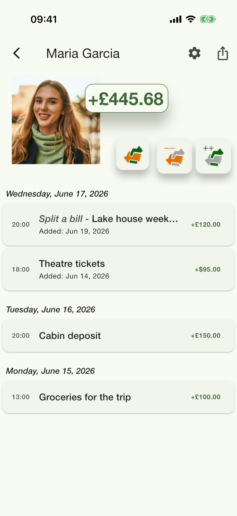 Maria Garcia’s history in PayMeLater — a +£445.68 balance above dated entries like theatre tickets and the cabin deposit