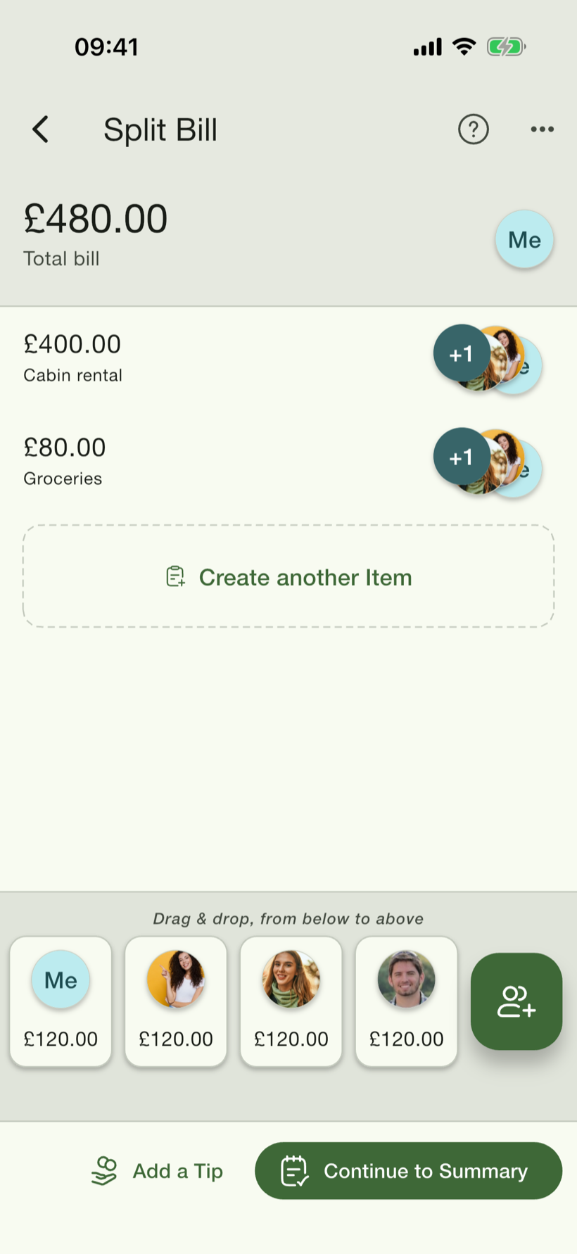 PayMeLater split-bill screen with draggable people chips assigned to individual items