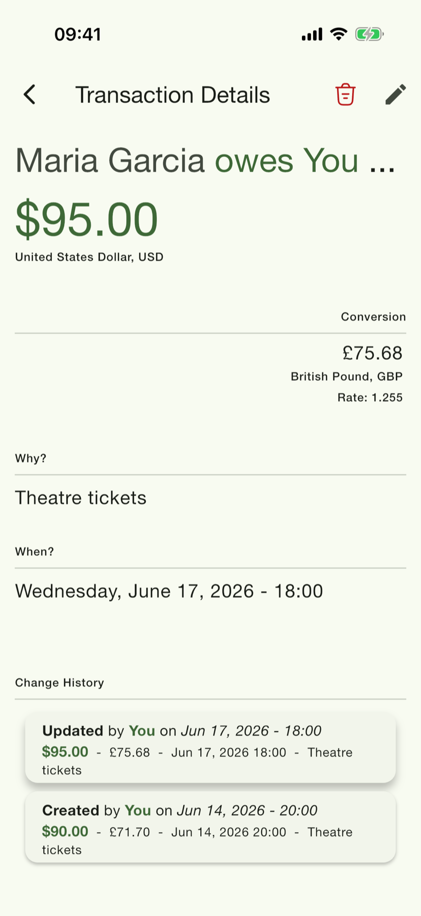 PayMeLater transaction details showing $95.00 converted to £75.68, with the reason and a full change history