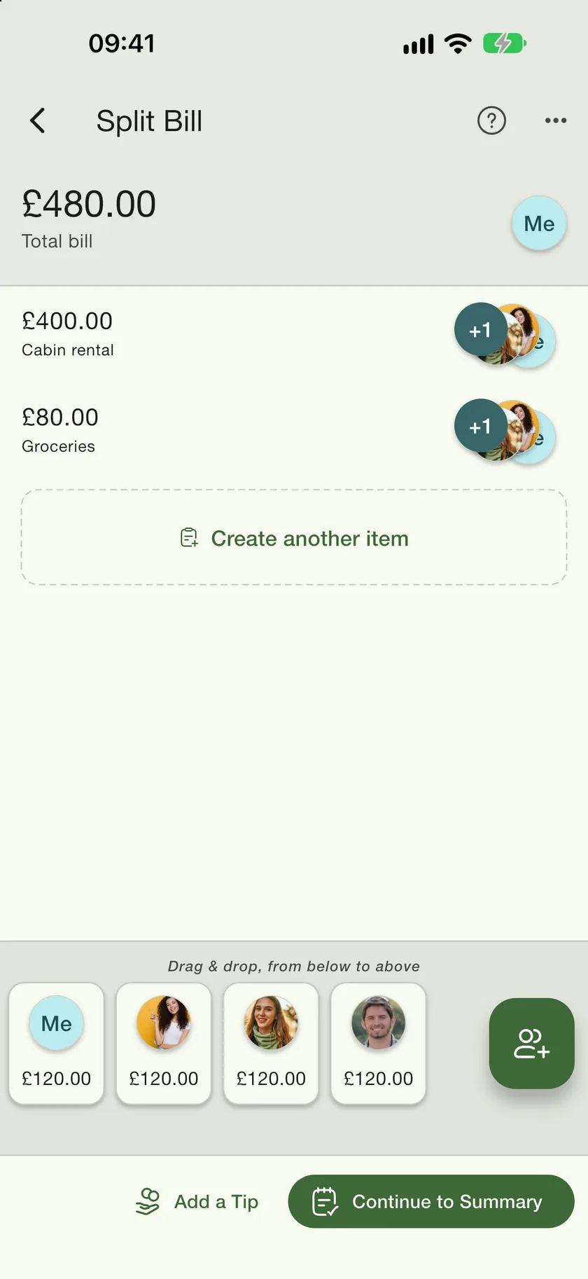 The Split Bill screen with two items, each shared by three people, and the people tray at the bottom
