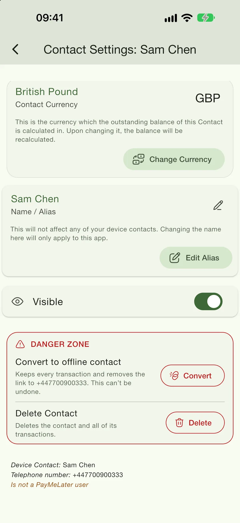 The bottom of Contact Settings showing the telephone number and the line 'Is not a PayMeLater user'