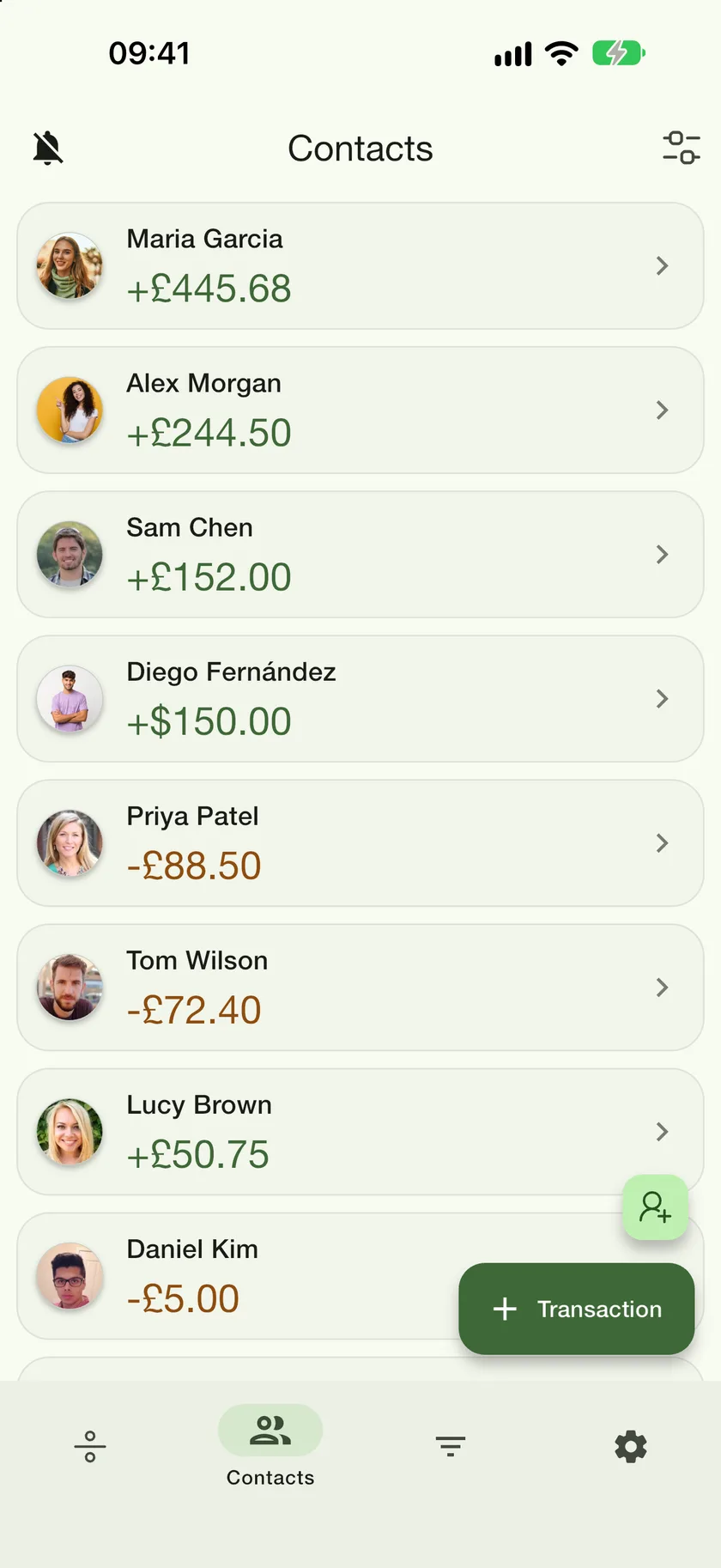 The Contacts tab with the Transaction button highlighted