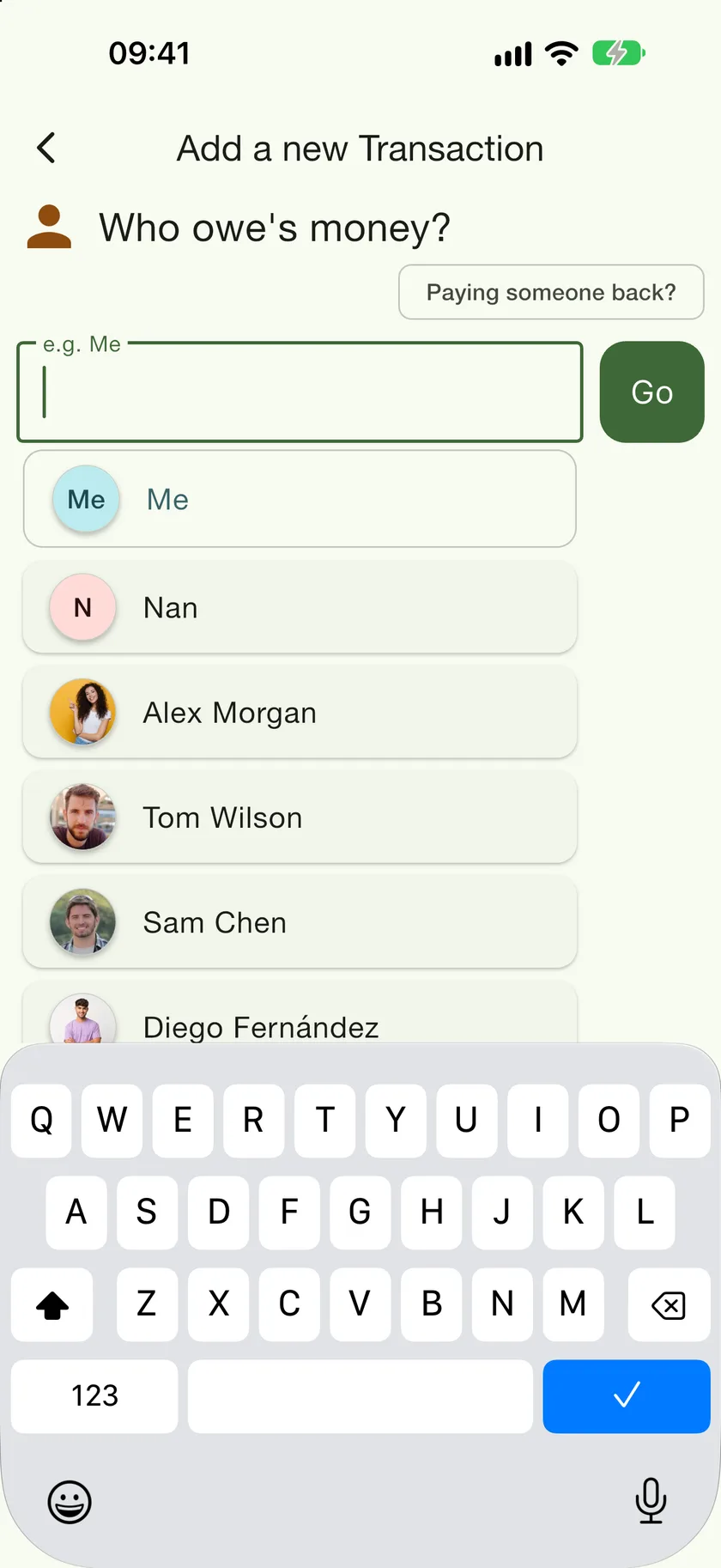 The Who owes money? step listing Me and the contacts to pick from