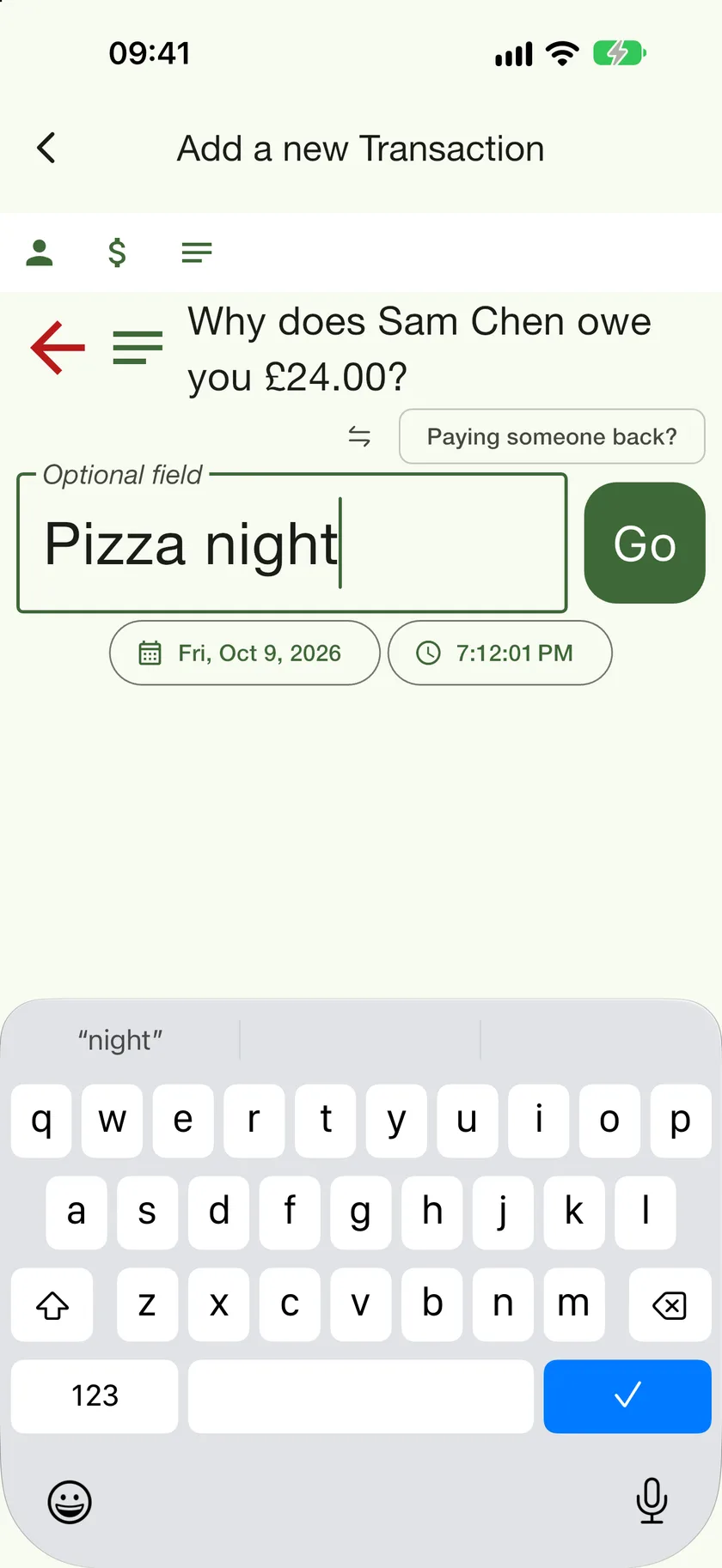 The Why step with 'Pizza night' typed and the date and time chips below