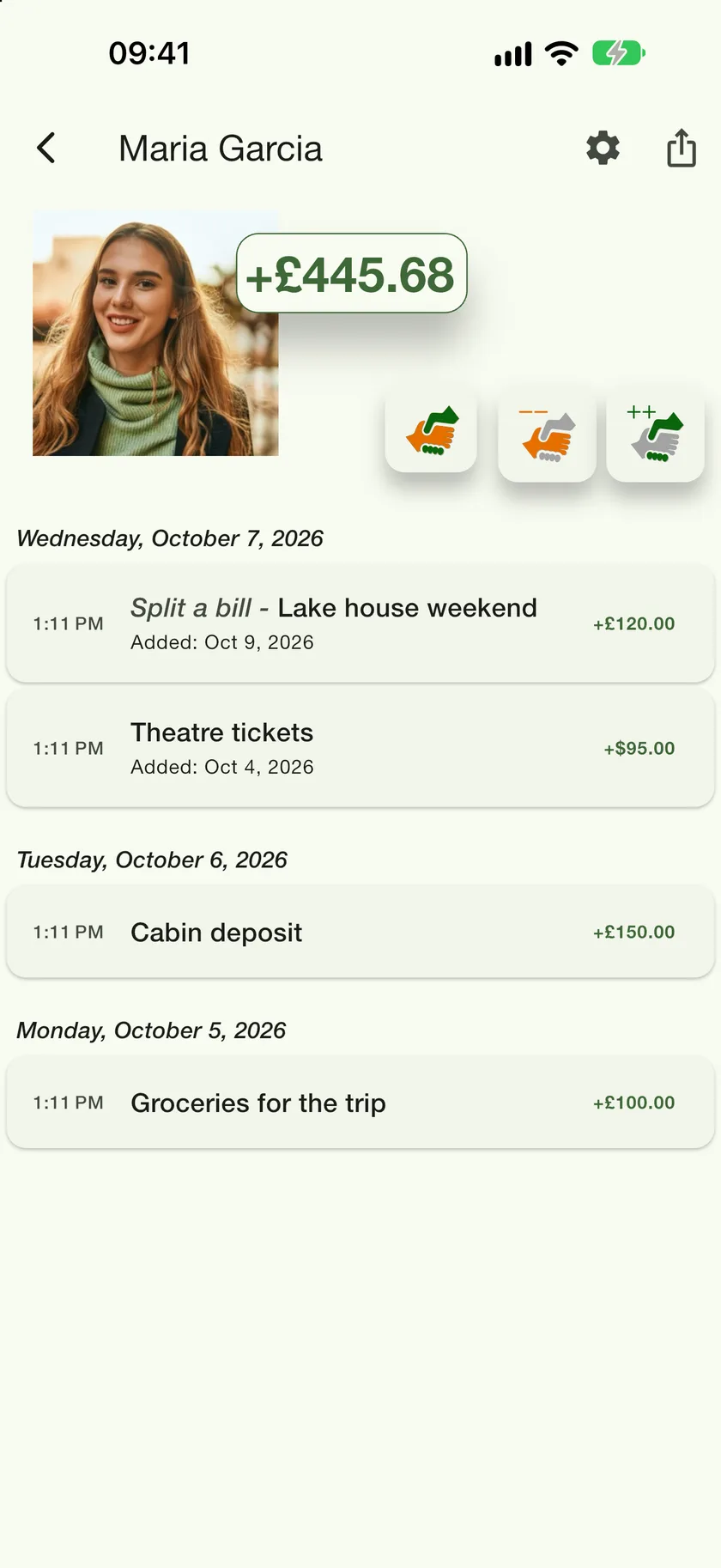 Maria Garcia's ledger with a 'Split a bill - Lake house weekend' entry for £120