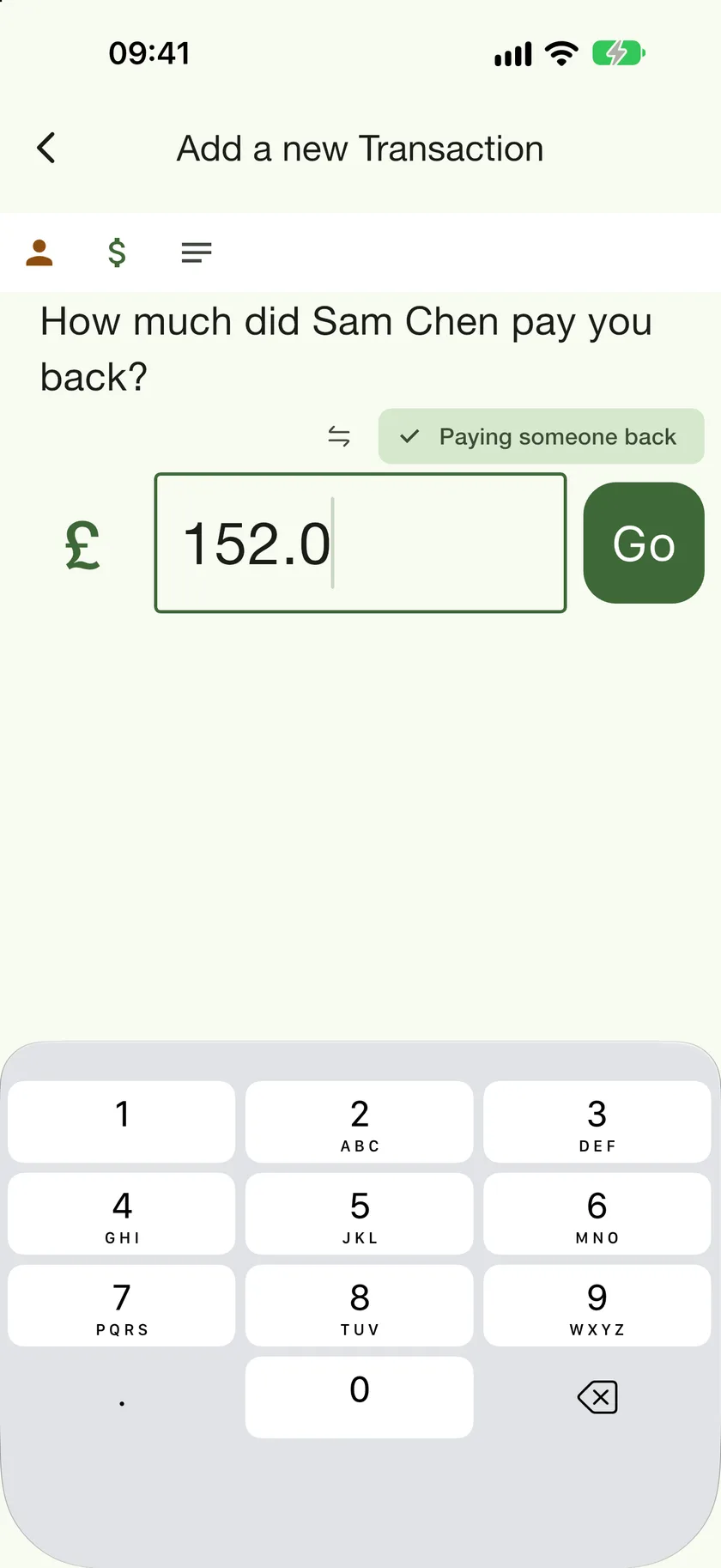 The payback form opened by Settle Up, asking how much Sam Chen paid you back, with £152.00 already filled in