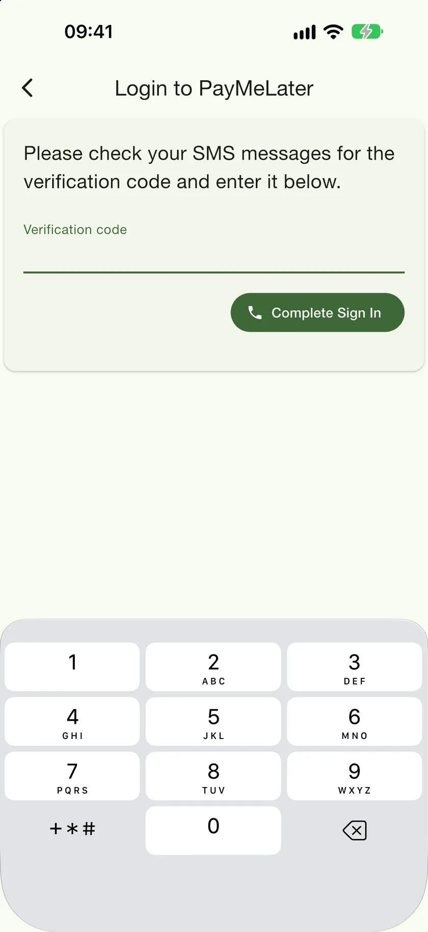 The verification code screen with the Complete Sign In button