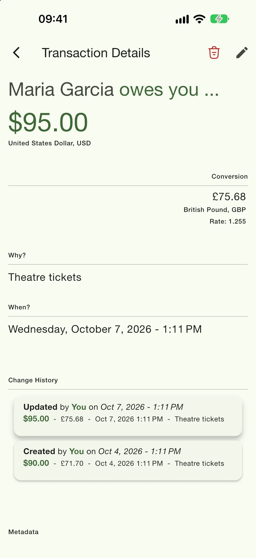 Transaction Details for a theatre tickets entry, showing the edit pencil, the conversion block and the change history cards